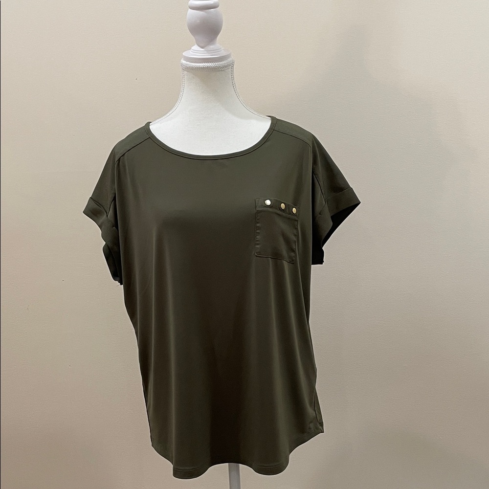 Calvin Klein Olive Short Sleeve Tee with Button Accent